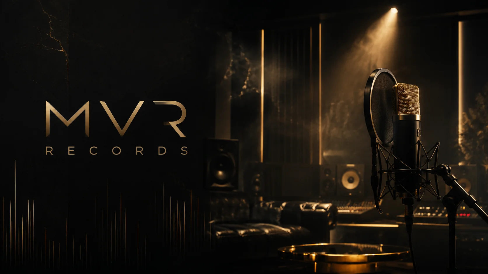 Studio d'enregistrement MVR Records avec microphone et lumière dorée