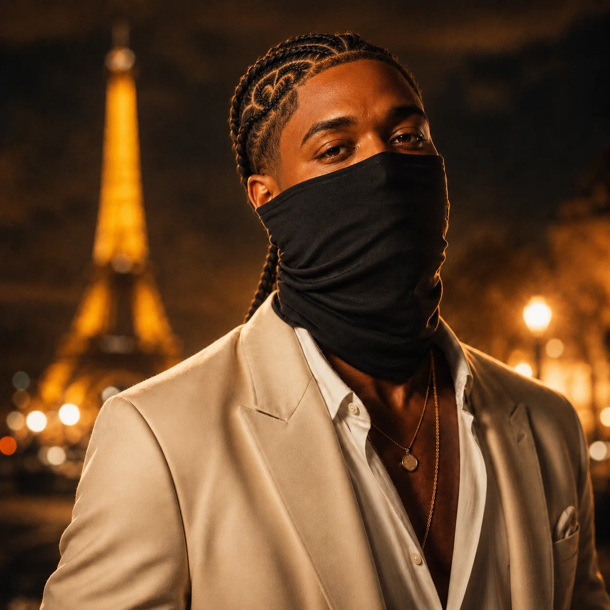 Portrait de LUX33 devant la Tour Eiffel dans une ambiance nocturne dorée